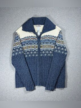 Vintage Fair Isle Zip Up Sweater Cottagecore Womens Med Blue Tiara International